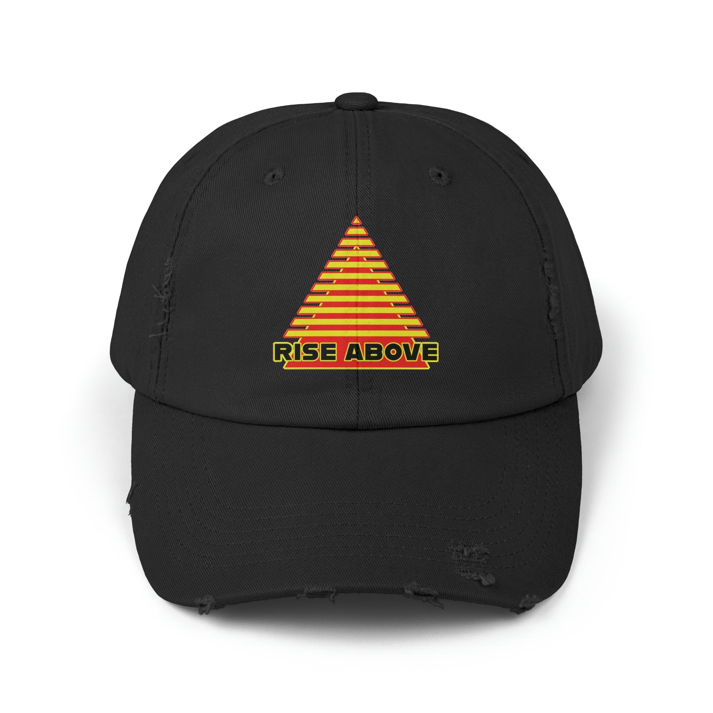 RISE ABOVE in Red & yellow with Black text, just a reminder that you are above all that shit! Unisex Distressed Cap