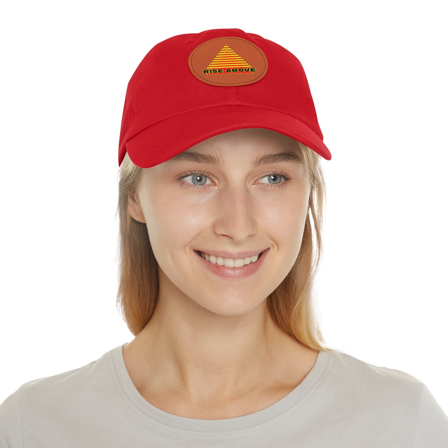 RISE ABOVE Red and Yellow, Dad Hat with Leather Patch (Round)