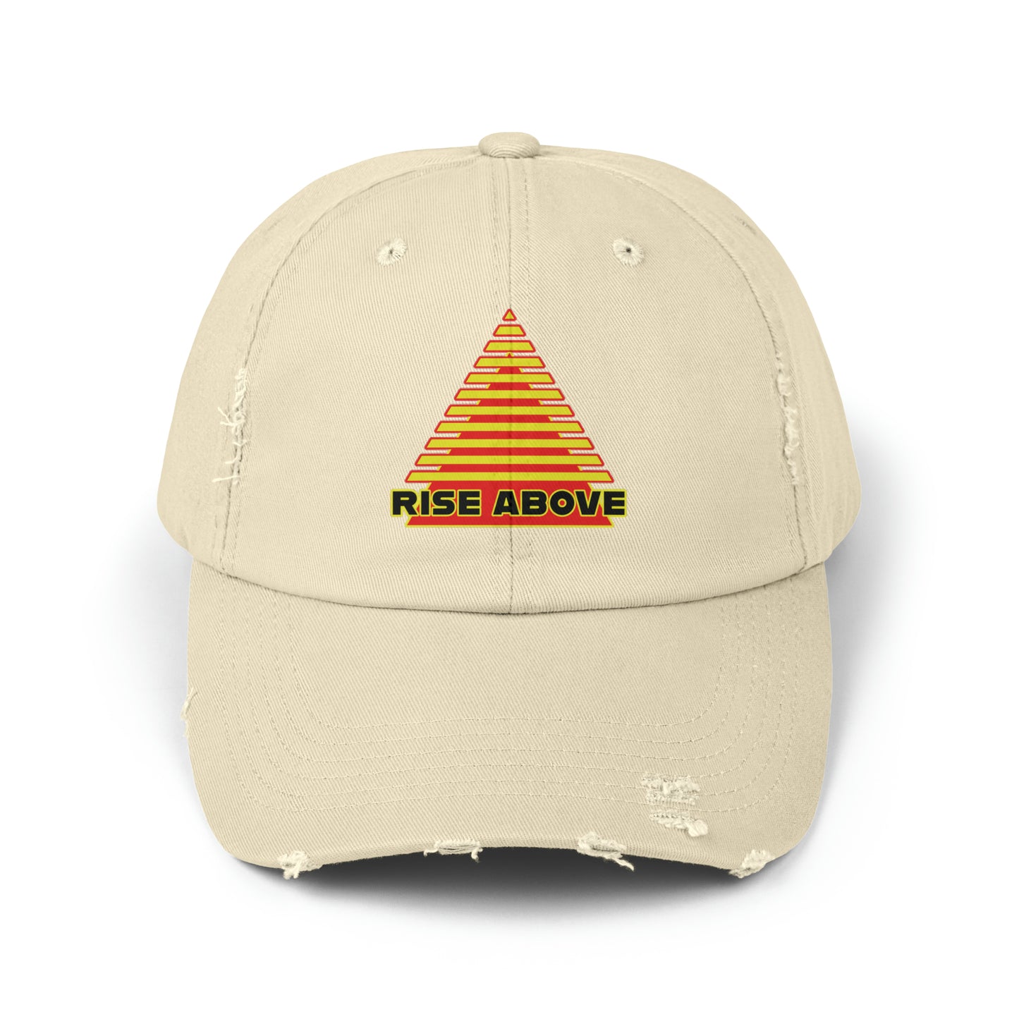 RISE ABOVE in Red & yellow with Black text, just a reminder that you are above all that shit! Unisex Distressed Cap