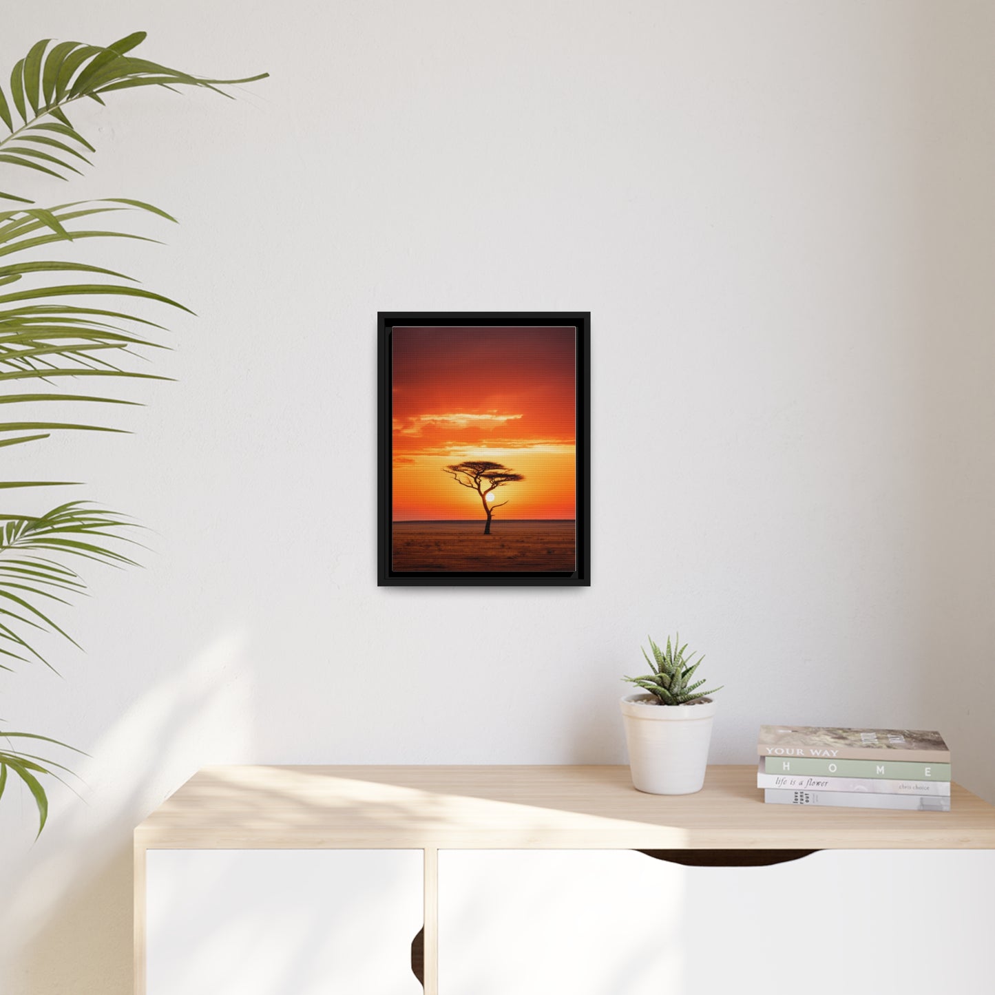 Kenya Sunset Acacia Tree Matte Canvas, Black Frame