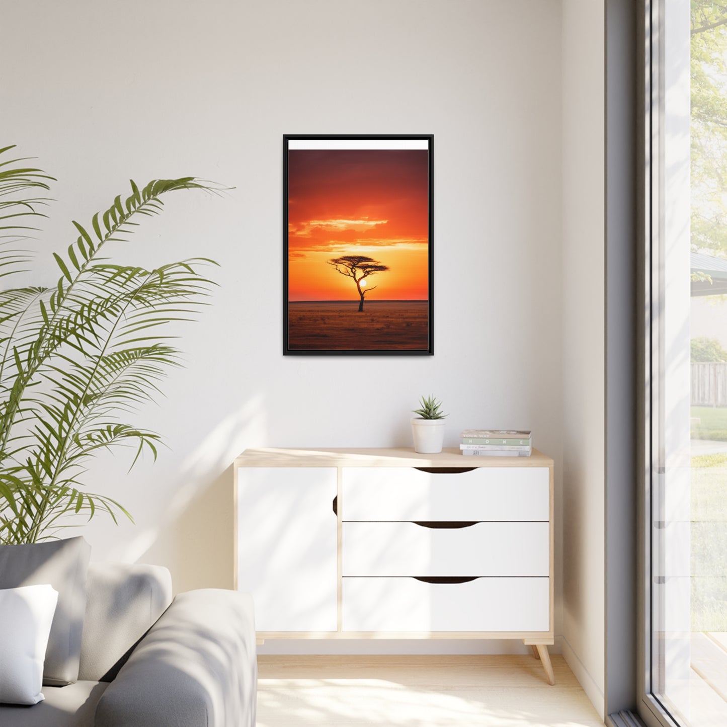 Kenya Sunset Acacia Tree Matte Canvas, Black Frame