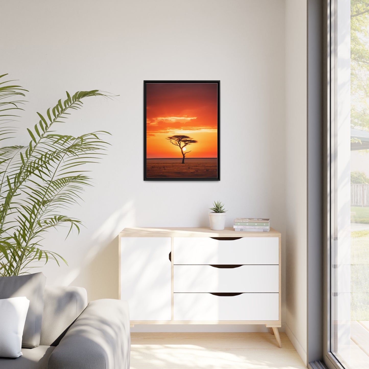 Kenya Sunset Acacia Tree Matte Canvas, Black Frame